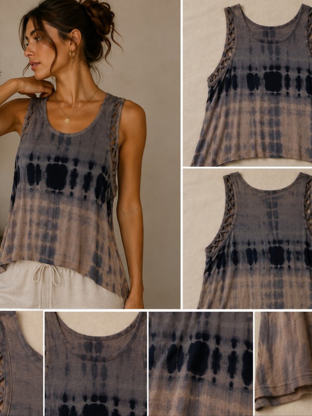 SO Size XS Sleeveless Blue &White Lattice Sleeve Tie-Dye Tank Top